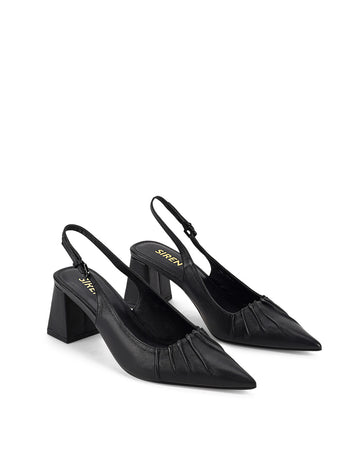 Women's black leather slingback block heel with ruched detailing and buckle fastening