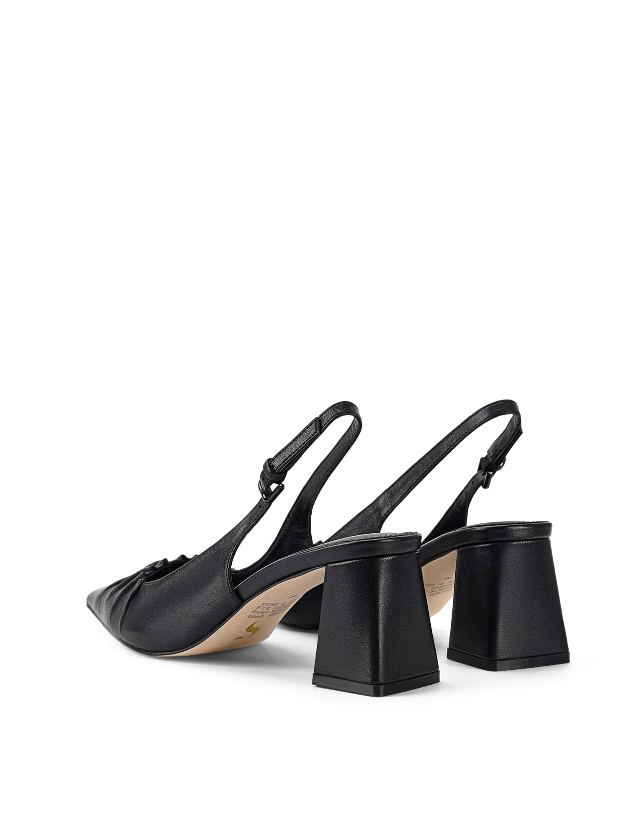 Women's black leather slingback block heel with ruched detailing and buckle fastening