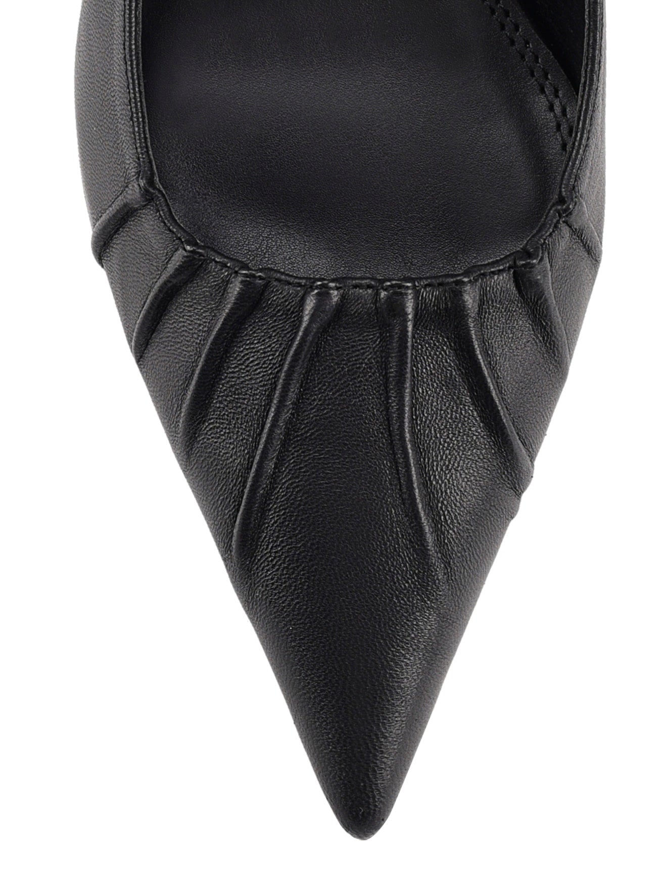 Women's black leather slingback block heel with ruched detailing and buckle fastening