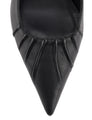 Women's black leather slingback block heel with ruched detailing and buckle fastening