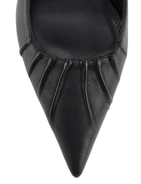 Women's black leather slingback block heel with ruched detailing and buckle fastening