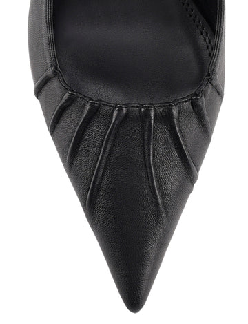 Women's black leather slingback block heel with ruched detailing and buckle fastening
