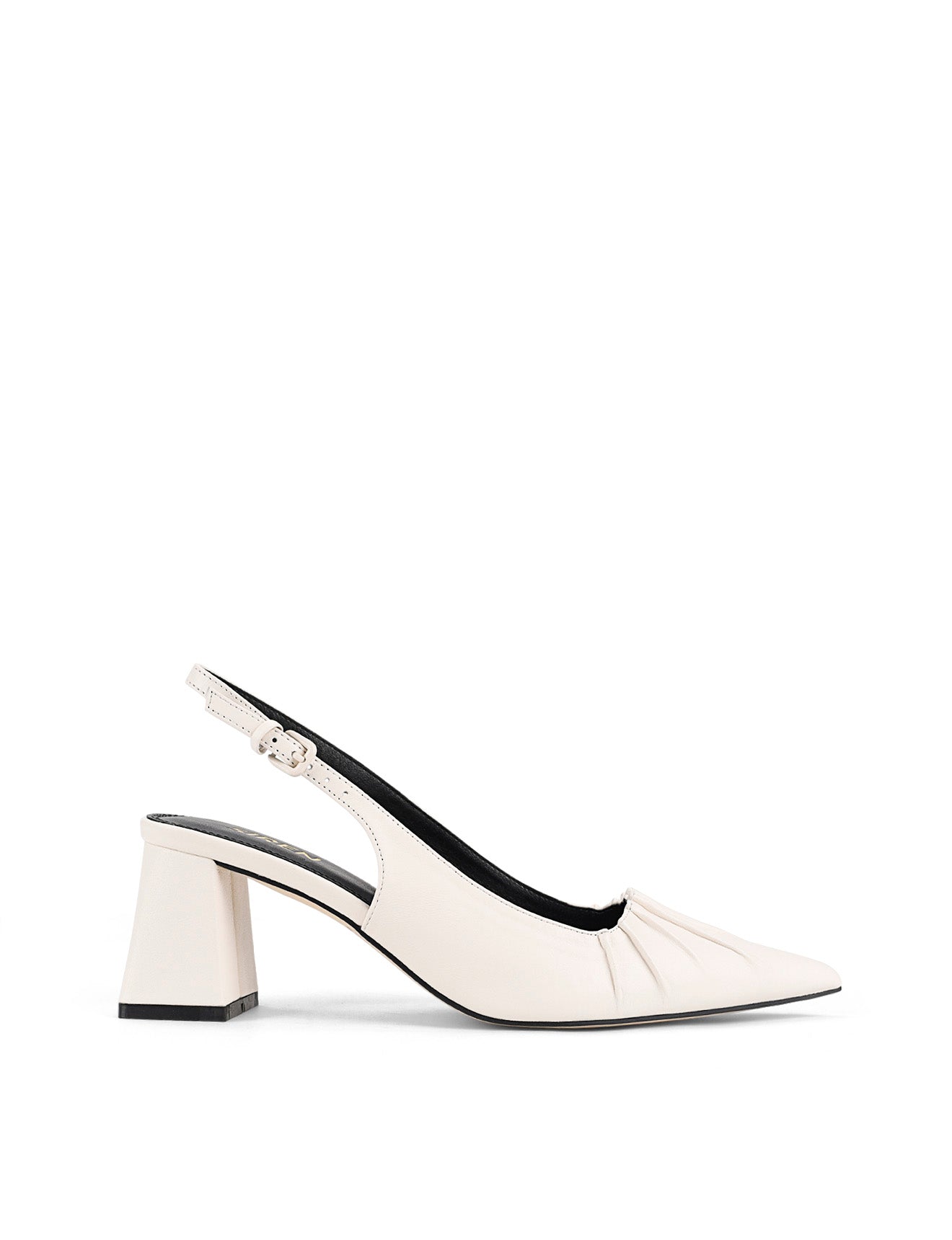 Women's white leather slingback block heel with ruched detailing and buckle fastening