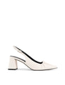 Women's white leather slingback block heel with ruched detailing and buckle fastening