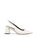 Women's white leather slingback block heel with ruched detailing and buckle fastening