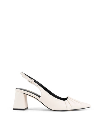 Women's white leather slingback block heel with ruched detailing and buckle fastening