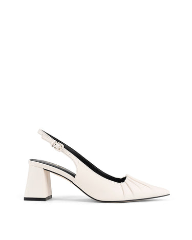 Women's white leather slingback block heel with ruched detailing and buckle fastening