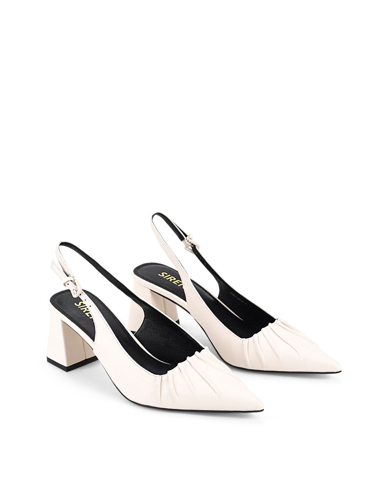 Women's white leather slingback block heel with ruched detailing and buckle fastening