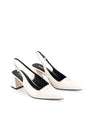 Women's white leather slingback block heel with ruched detailing and buckle fastening
