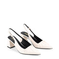Women's white leather slingback block heel with ruched detailing and buckle fastening