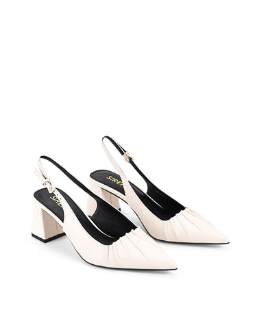Women's white leather slingback block heel with ruched detailing and buckle fastening