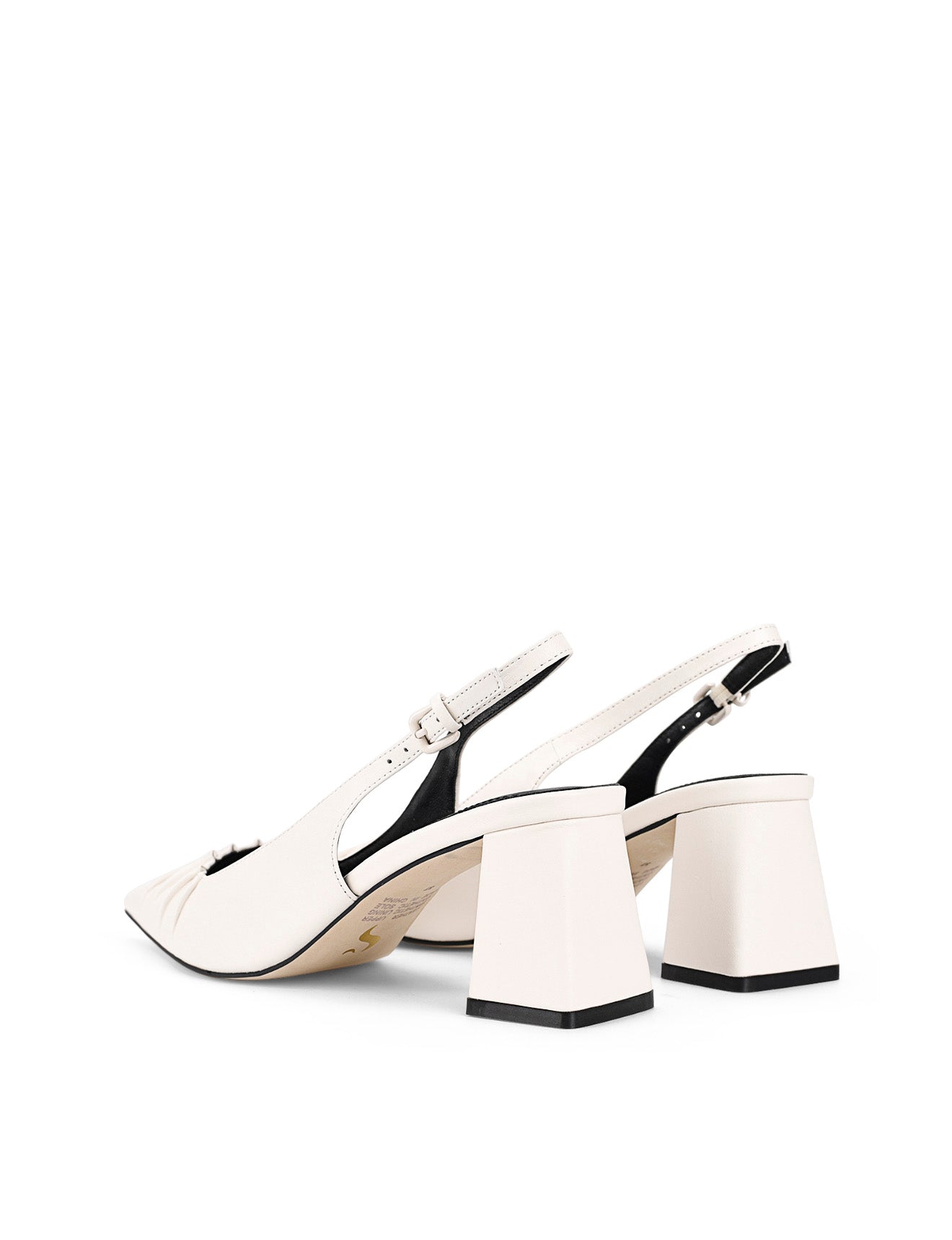 Women's white leather slingback block heel with ruched detailing and buckle fastening