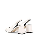 Women's white leather slingback block heel with ruched detailing and buckle fastening