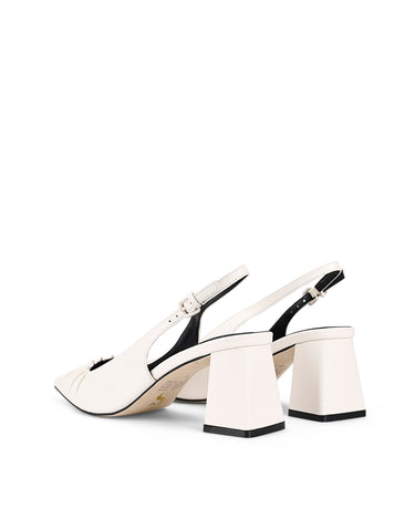 Women's white leather slingback block heel with ruched detailing and buckle fastening