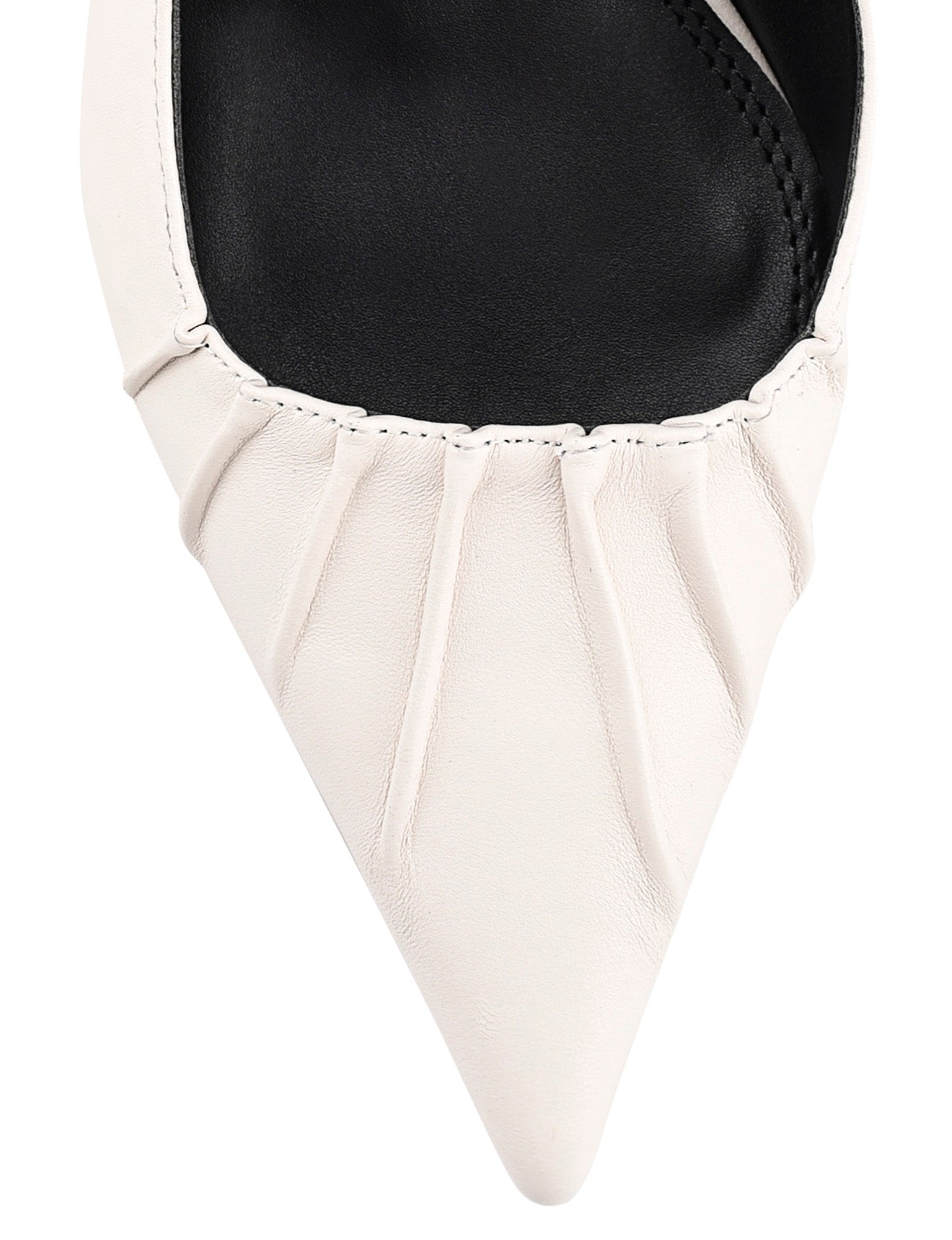 Women's white leather slingback block heel with ruched detailing and buckle fastening