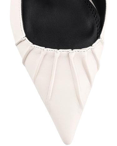 Women's white leather slingback block heel with ruched detailing and buckle fastening