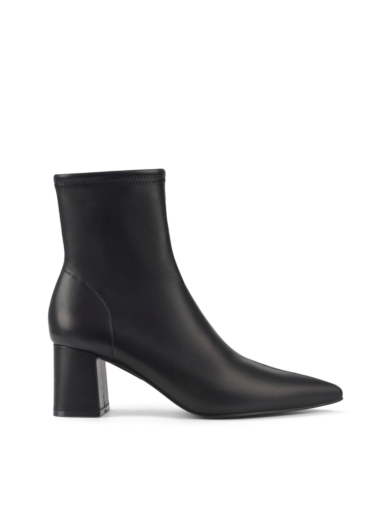 Women's black leather heeled ankle boot with pointed toe