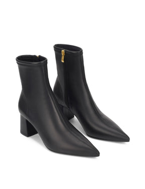 Women's black leather heeled ankle boot with pointed toe