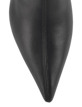 Women's black leather heeled ankle boot with pointed toe