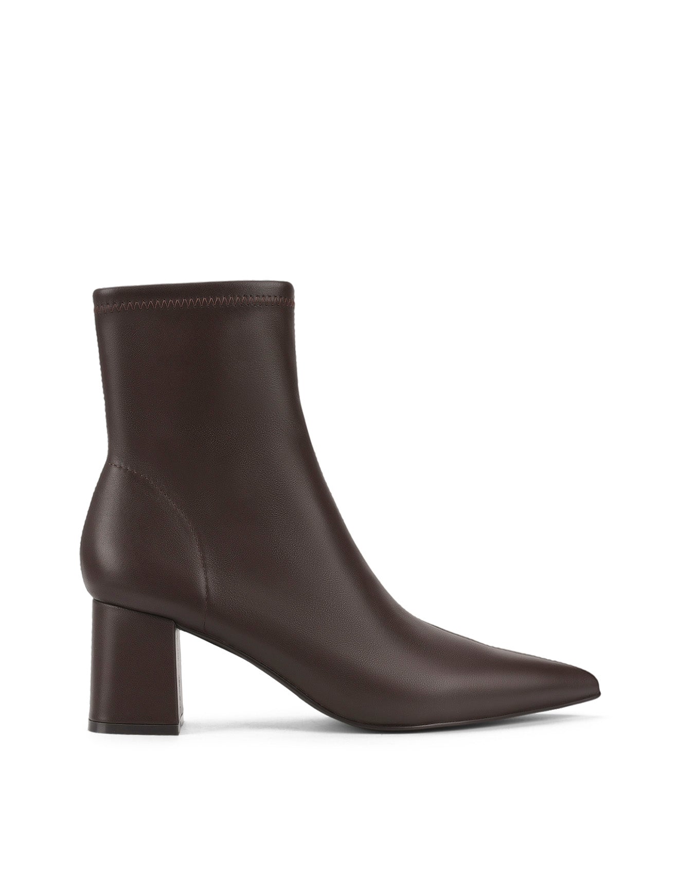 Women's chocolate brown stretch leather heeled ankle boot with pointed toe and zip closure