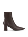 Women's chocolate brown stretch leather heeled ankle boot with pointed toe and zip closure