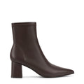 Women's chocolate brown stretch leather heeled ankle boot with pointed toe and zip closure