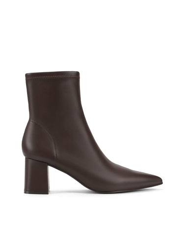 Women's chocolate brown stretch leather heeled ankle boot with pointed toe and zip closure