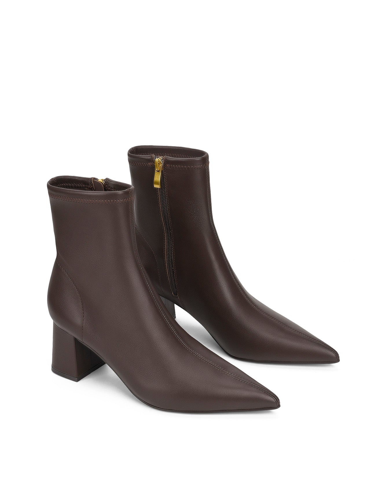Women's chocolate brown stretch leather heeled ankle boot with pointed toe and zip closure