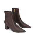 Women's chocolate brown stretch leather heeled ankle boot with pointed toe and zip closure