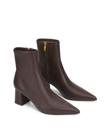 Women's chocolate brown stretch leather heeled ankle boot with pointed toe and zip closure