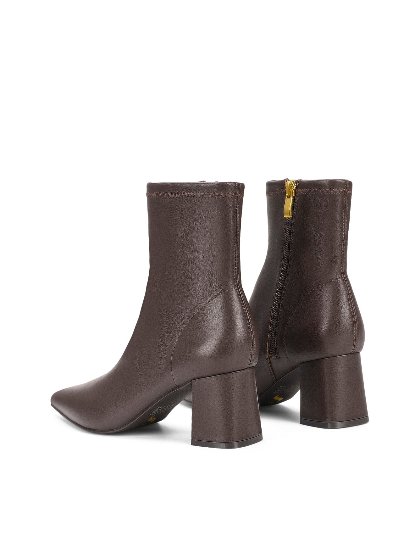Women's chocolate brown stretch leather heeled ankle boot with pointed toe and zip closure