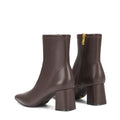 Women's chocolate brown stretch leather heeled ankle boot with pointed toe and zip closure