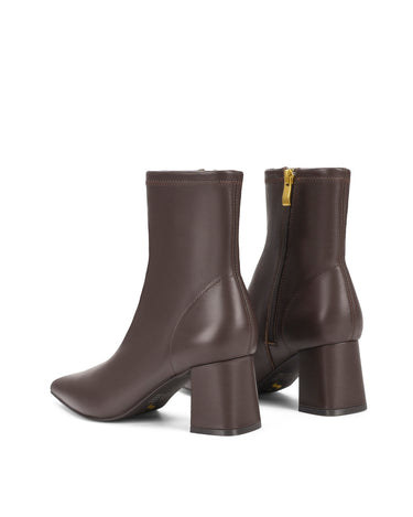 Women's chocolate brown stretch leather heeled ankle boot with pointed toe and zip closure