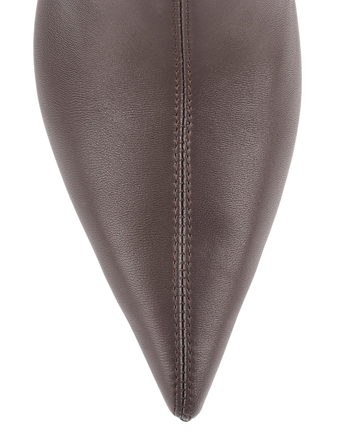 Women's chocolate brown stretch leather heeled ankle boot with pointed toe and zip closure