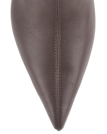 Women's chocolate brown stretch leather heeled ankle boot with pointed toe and zip closure