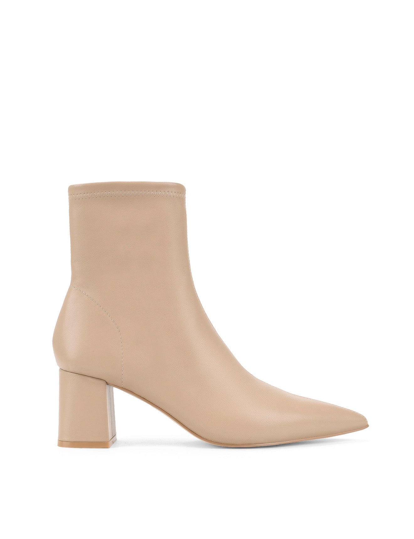 Women's nude stretch leather heeled ankle boot with pointed toe and zip closure