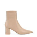 Women's nude stretch leather heeled ankle boot with pointed toe and zip closure