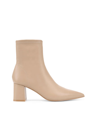 Women's nude stretch leather heeled ankle boot with pointed toe and zip closure
