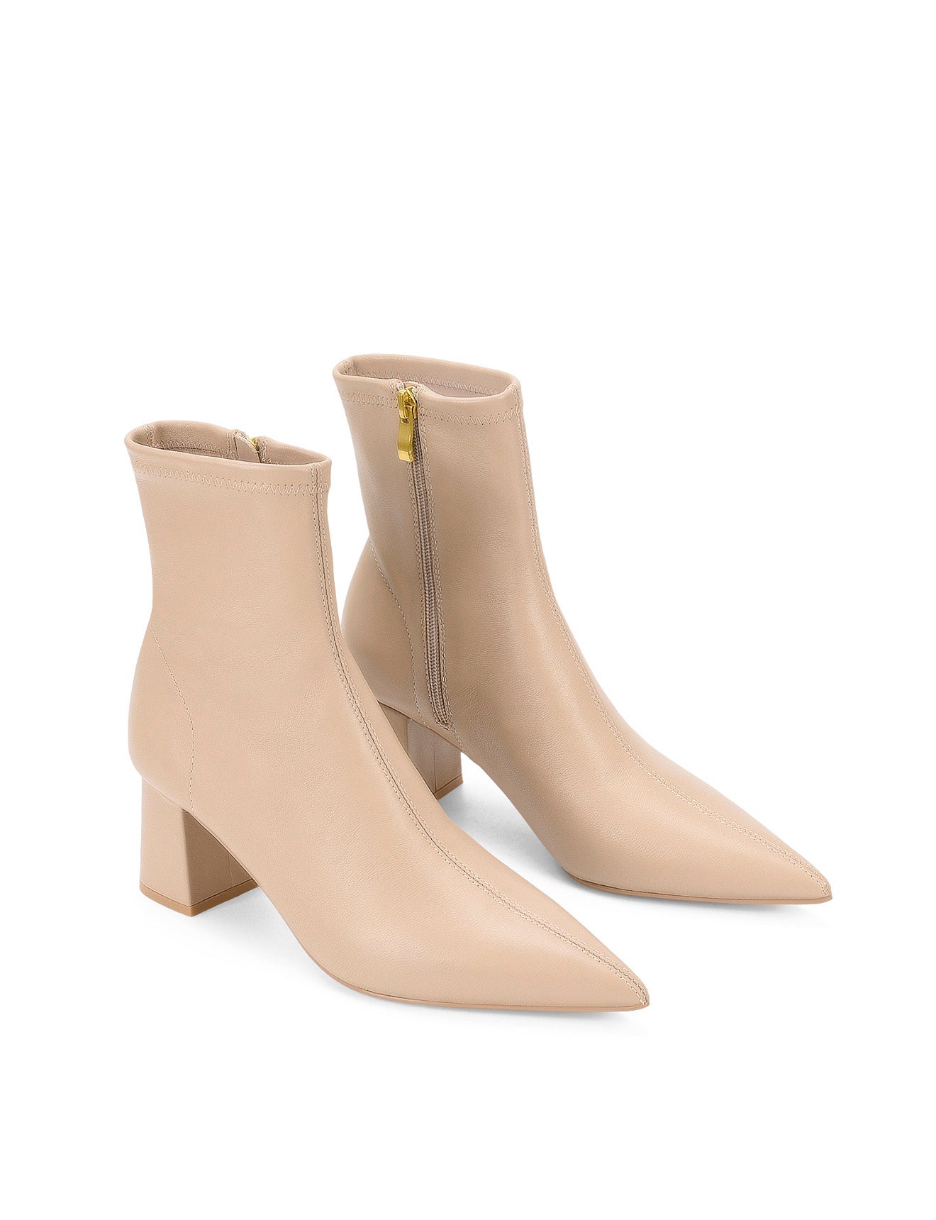 Women's nude stretch leather heeled ankle boot with pointed toe and zip closure