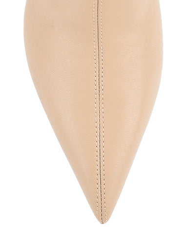 Women's nude stretch leather heeled ankle boot with pointed toe and zip closure