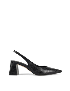 Women's Black Snake Embossed Leather slingback block heel with pointed toe and elasticated slingback