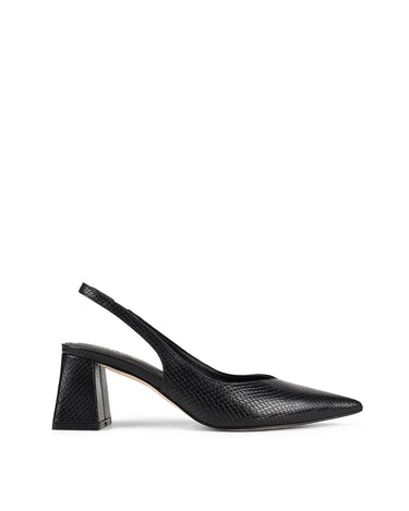 Women's Black Snake Embossed Leather slingback block heel with pointed toe and elasticated slingback