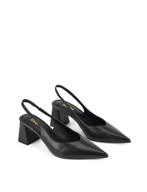 Women's Black Snake Embossed Leather slingback block heel with pointed toe and elasticated slingback