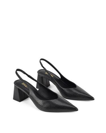 Women's Black Snake Embossed Leather slingback block heel with pointed toe and elasticated slingback