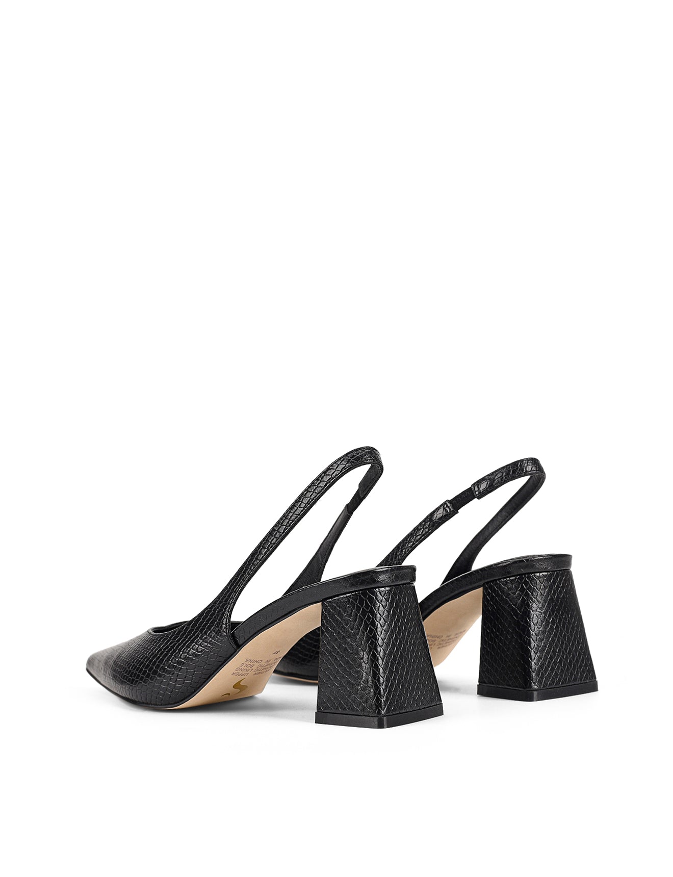 Women's Black Snake Embossed Leather slingback block heel with pointed toe and elasticated slingback