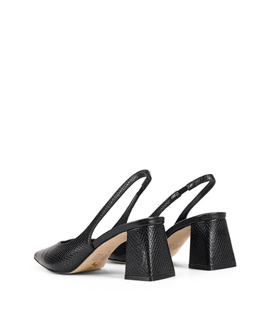 Women's Black Snake Embossed Leather slingback block heel with pointed toe and elasticated slingback