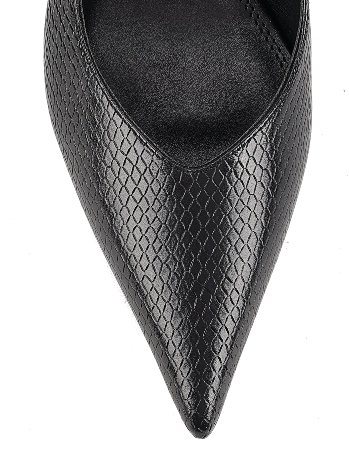 Women's Black Snake Embossed Leather slingback block heel with pointed toe and elasticated slingback