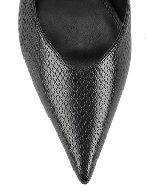 Women's Black Snake Embossed Leather slingback block heel with pointed toe and elasticated slingback