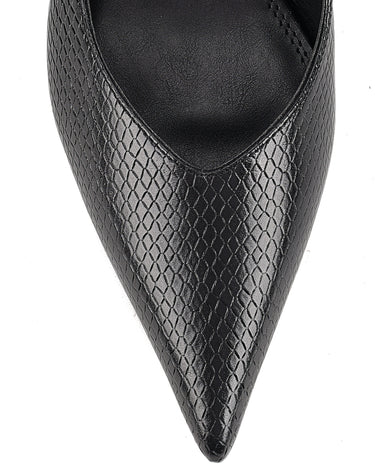Women's Black Snake Embossed Leather slingback block heel with pointed toe and elasticated slingback