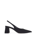 Women's black suede block heel slingback with pointed heel and v-cut throat